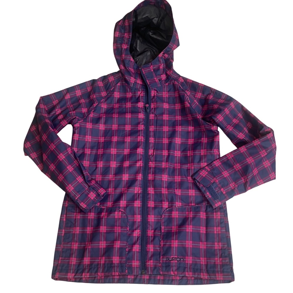 Burton Womens Plaid Hooded Rain Jacket Pink Navy Blue Mesh Lined Pit Zips Sz SM